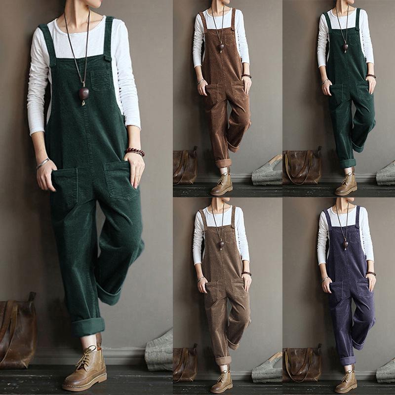Autumn/Winter Solid Color Casual Corduroy Long Overalls