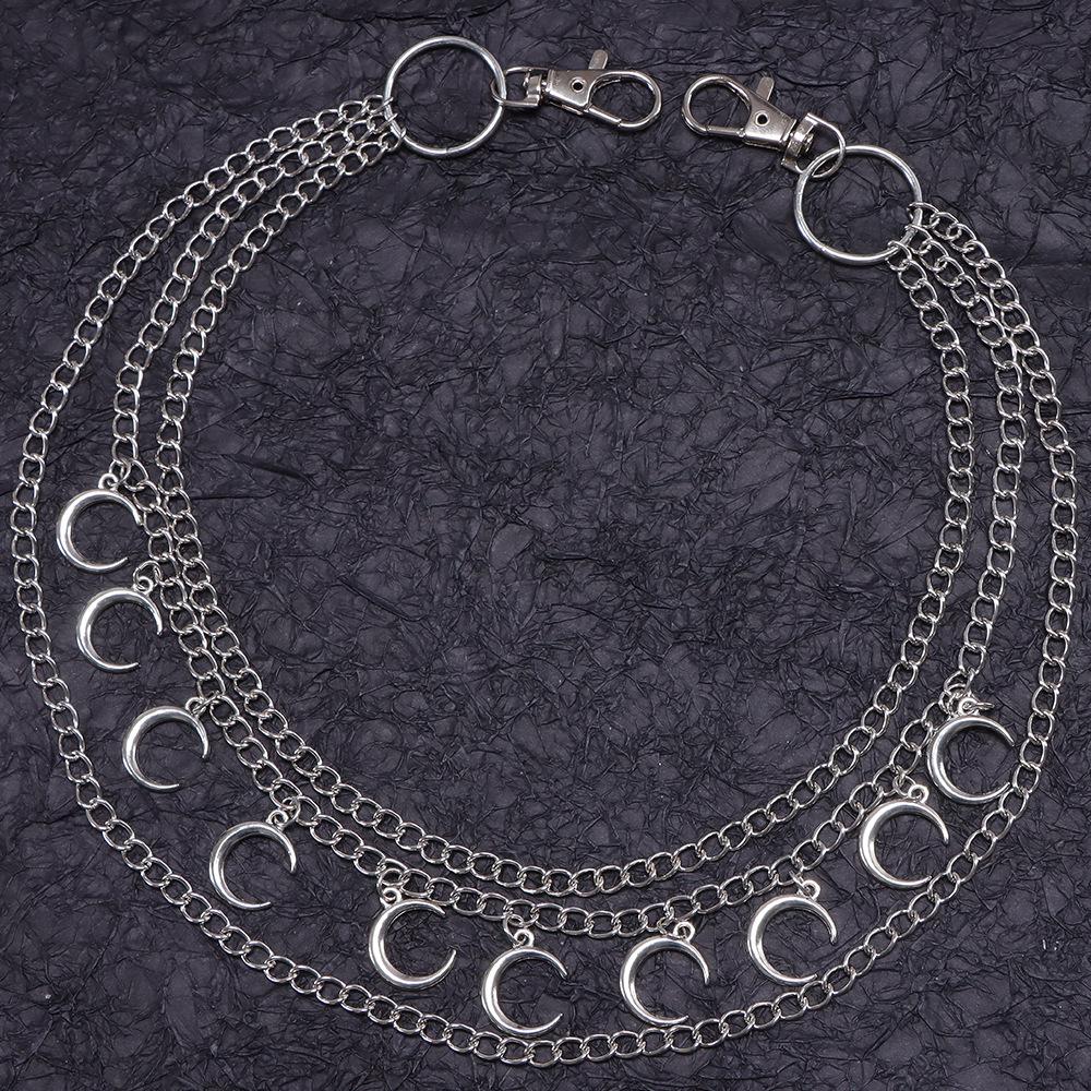 Trendy Cool Double-Layer Metal Waist Chain with Moon Pendant for Jeans - Hip Hop Street Style for Men & Women