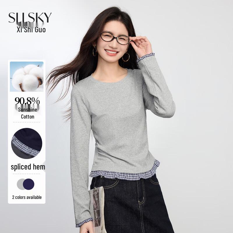 Women's Plaid Lace Patchwork Long Sleeve Fake Two-Piece T-shirt