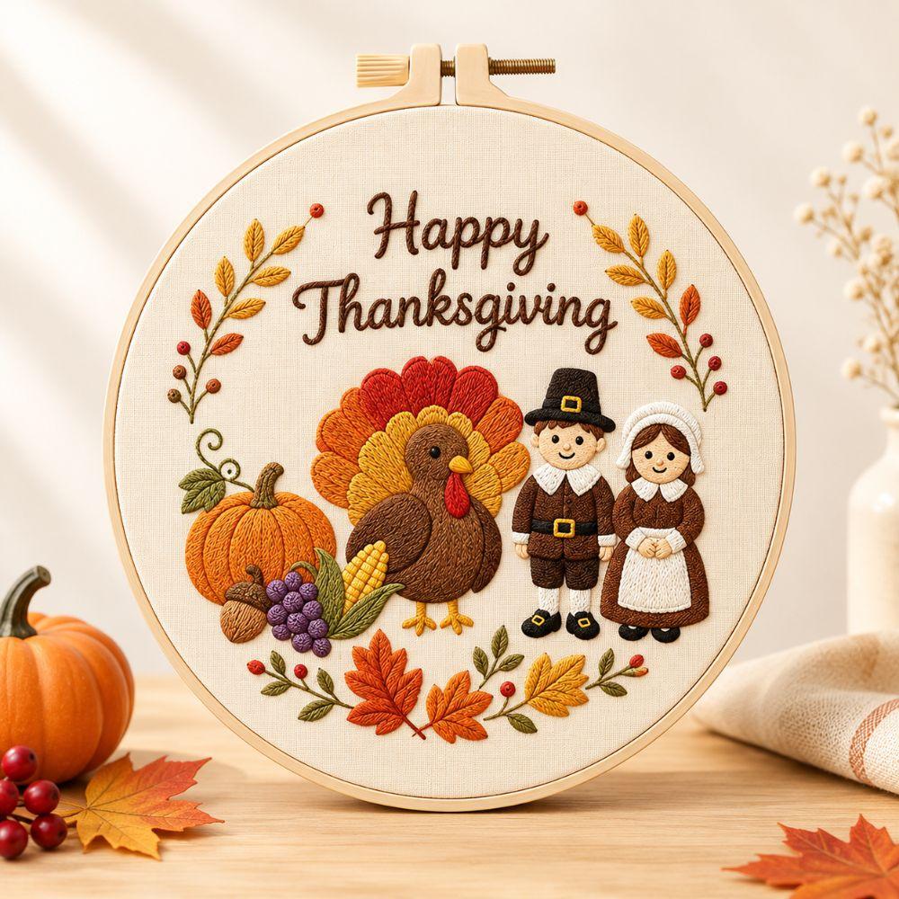With EN Instruction Happy Thanksgiving Day Embroidery Kit Embroidery Pattern Kit  Thanksgiving Day