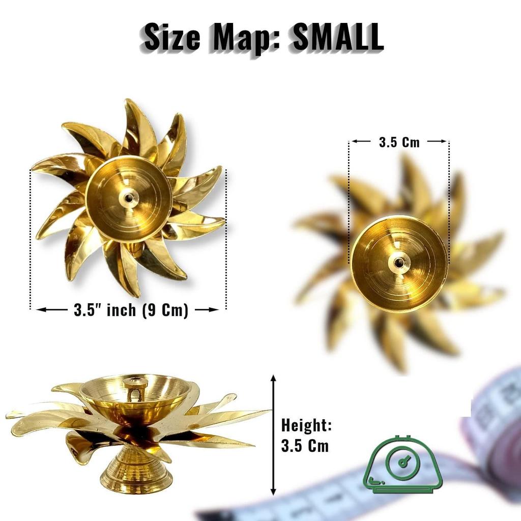 Decorative Brass Diya for Puja (Set of 1 Small 3inch Golden Sun Design) Center Wick Holder Pital Akhand Deep Vilakku for Home Décor,