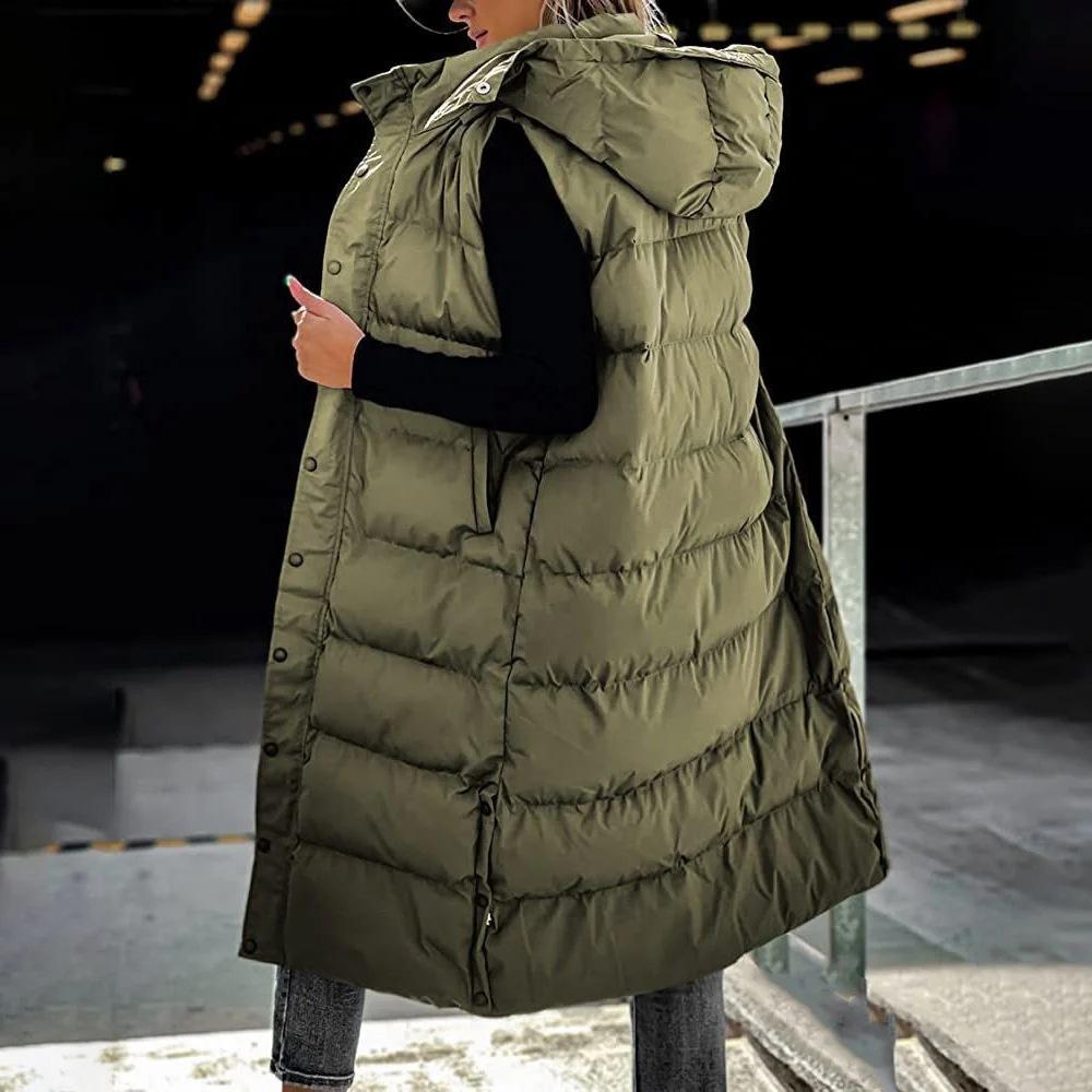 Women Long Hooded Puffer Vest Autumn Winter Loose Sleeveless Padded Coat Plus Size Warm Casual Longline Gilet