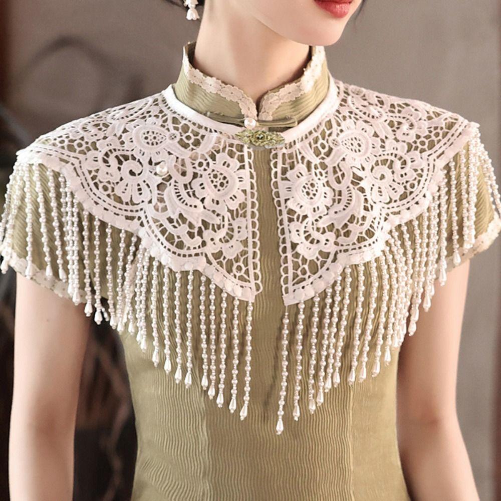 Handmade Pearl Tassel Shawl Vintage False Collar Hanfu Accessory Lace Shawl  Spring