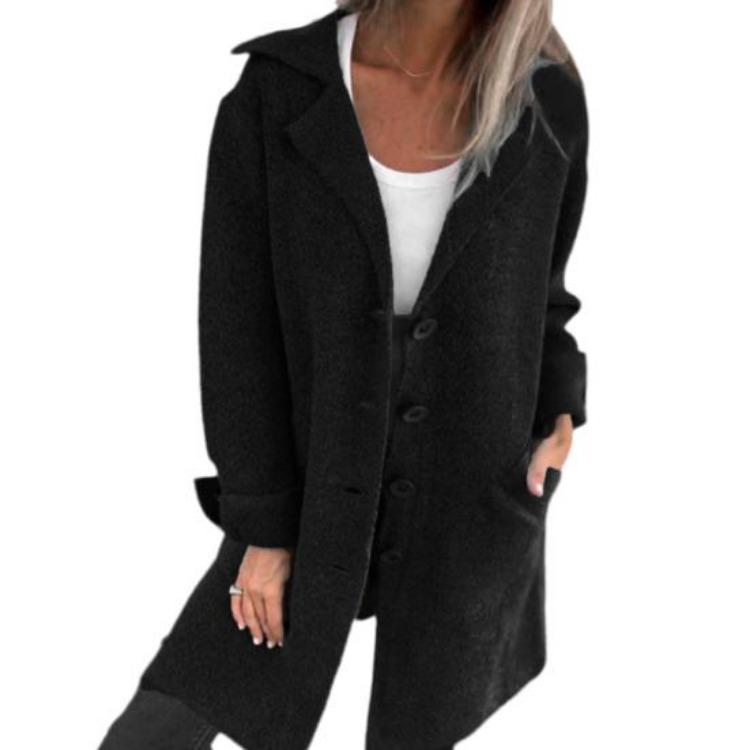 Women Woolen Coat Autumn Winter Loose Mid Length Overcoat Turn Down Collar Single Breasted Long Sleeves Solid Color Pockets Commuting Dating Jacket