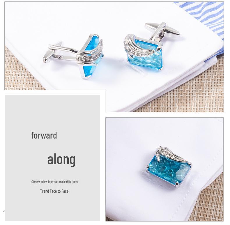 European and American Men's Silver Square Cufflinks with Rhinestone Crystal Zircon