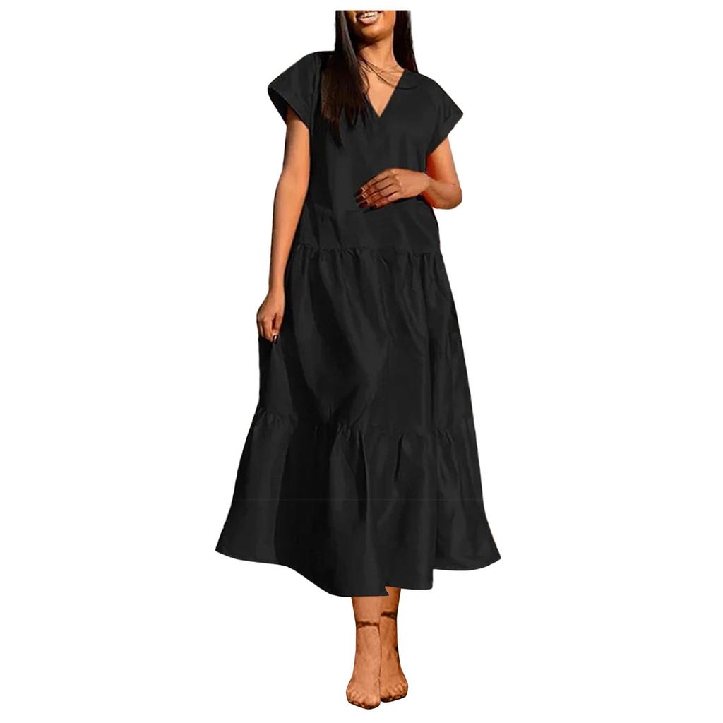 Women's Summer Fashion V-neck Sexy Long Skirt Solid Color Casual Short Sleeved Large Swing Dress