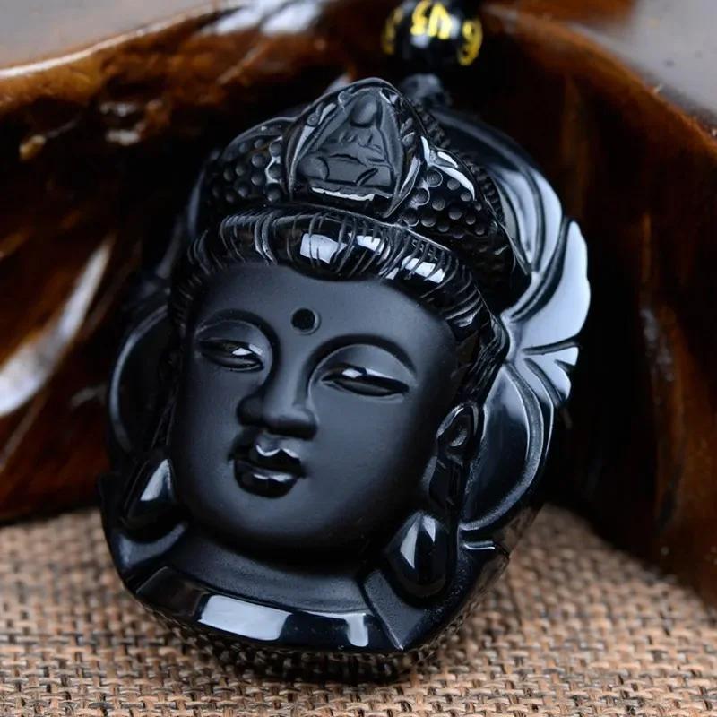 Vintage Buddha Black Guanyin Head God Rhinestone Obsidian Pendant Necklace Bead Unisex Men Women Fashion Gothic Amulet Talisman Jewelry Party Gift