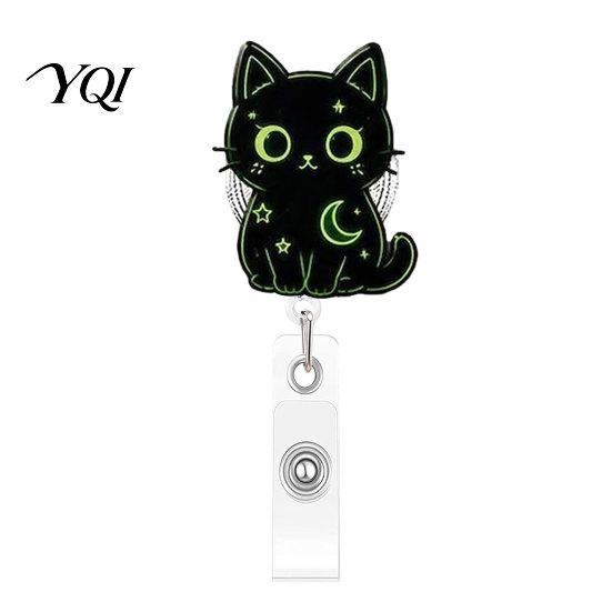 Badge Clip for Work Clothes Halloween Black Cat Pumpkin Reel, Retractable with 360 Degree Rotating Clip, Acrylic Decorative Reel ID Card Holder
