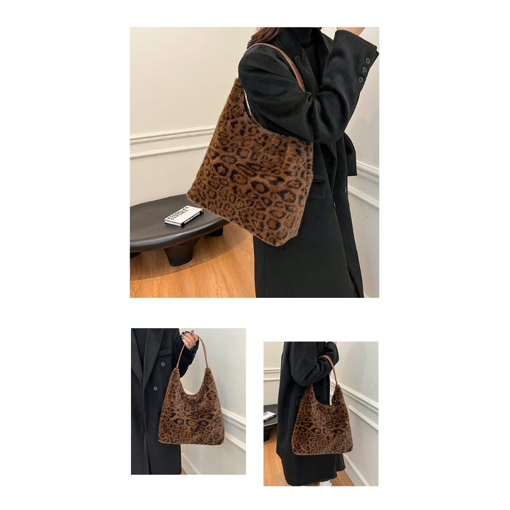 Hobo Bag for Women Plush Black Leopard Print Single Shoulder Carry Daily Use
