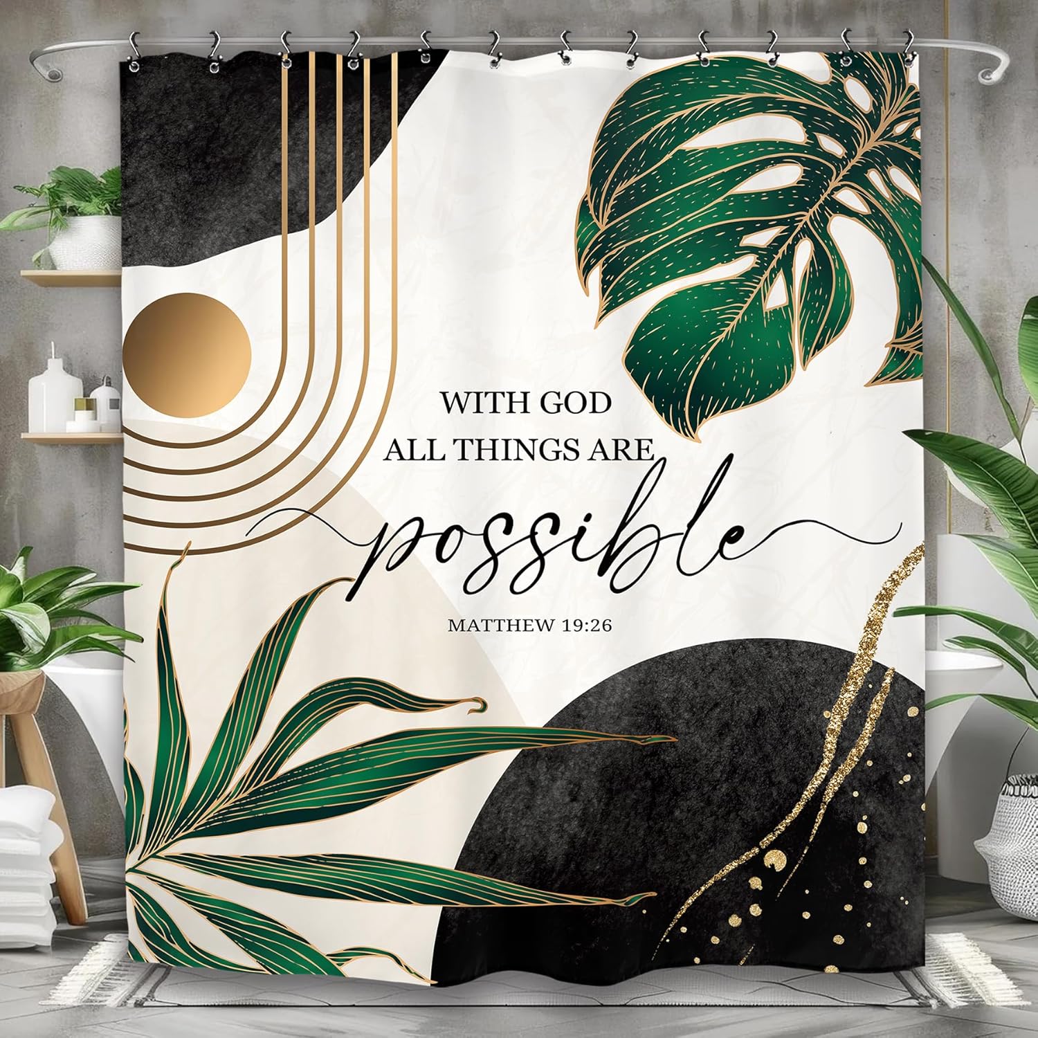 

Emerald Green Abstract Shower Curtain, Modern Minimalist Bible Plant Inspirational Quote Decor 90x180CM