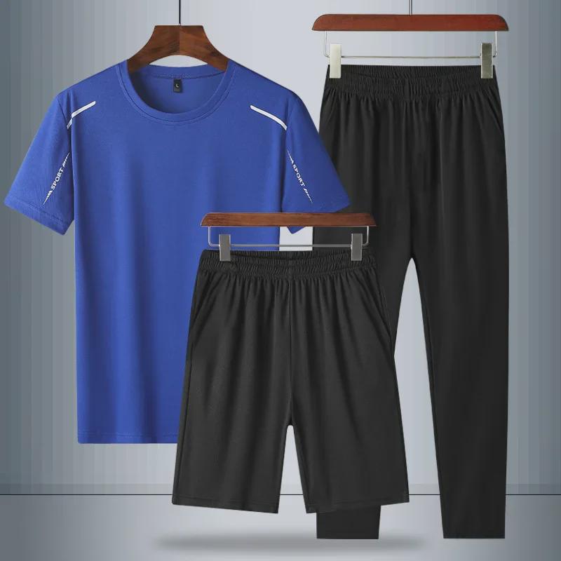 Men's Quick-Dry Ice Silk Round Neck Running Suit: 3-Piece Summer 2024 Bestseller