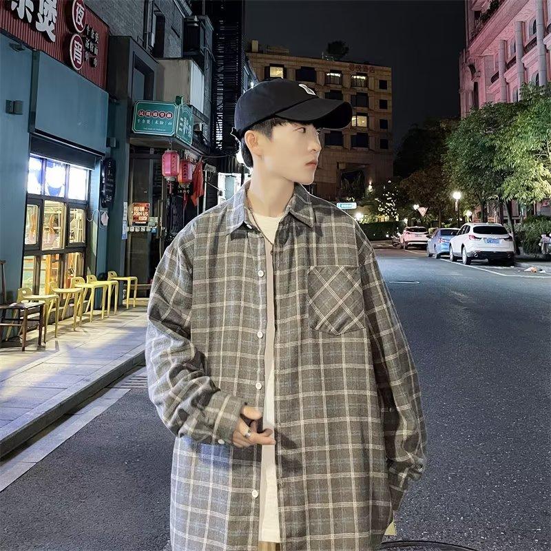

Осенняя рубашка мужская корейский стиль модная свободная клетчатая рубашка куртка с длинными рукавами 3XL темно-серого