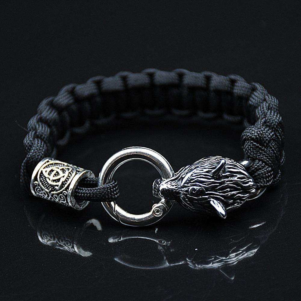 Stainless Steel Wolf Bracelets Men Norse Vikings Runes Paracord Rope Bangle Jewelry for Men