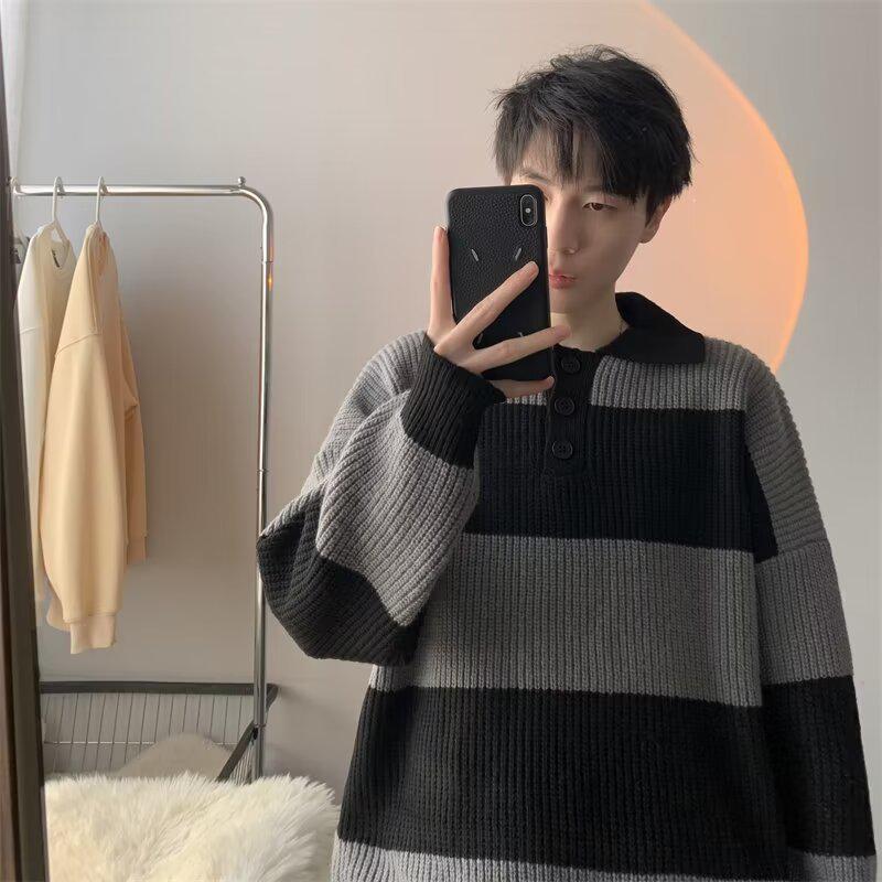 Men s Autumn/Winter American-Style Striped Deer Knit Sweater: Plush, Casual, Loose Fit L