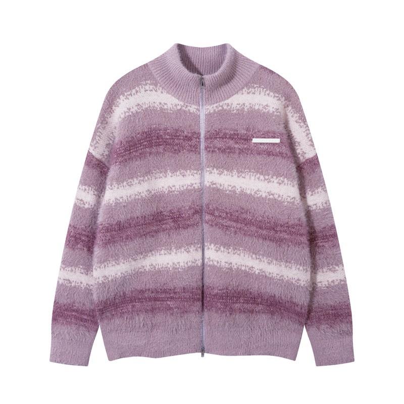 Unisex Gradient Stripe High Neck Knit Cardigan Sweater Loose Fit Zipper Jacket Casual Streetwear