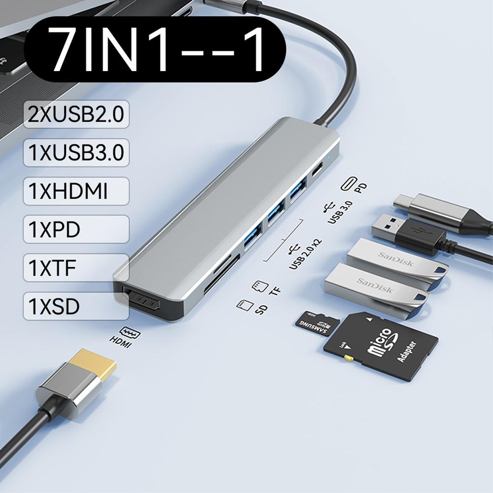 USB C Hub 7 In 1 Type C To HDMI With SD TF Cards Reader PD 100W Power 4K 60hz HDMI Docking Station 2-USB 2.0 for Laptop PC Macbook