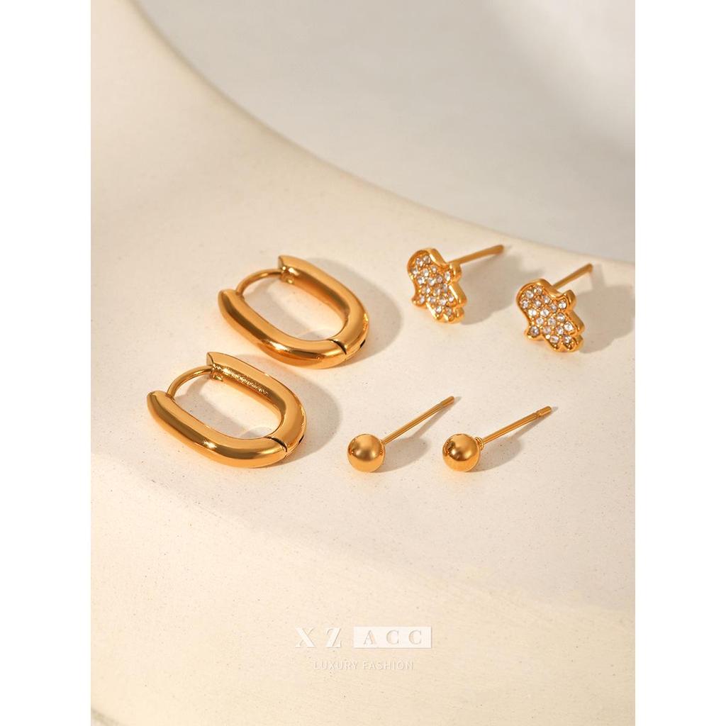 High-End Titanium Steel Round Earrings: European & American Versatile 3-Pair Set