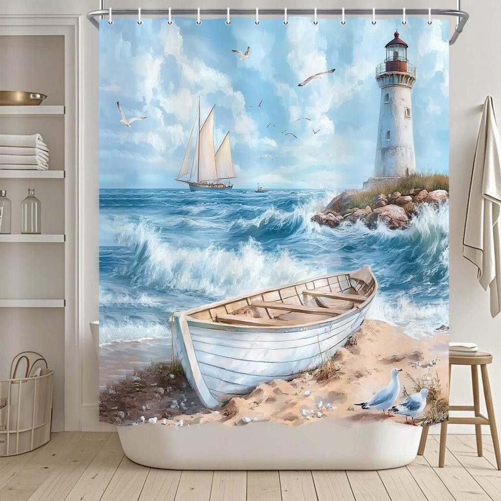 Nautical Lighthouse Shower Curtain Beach Coastal Sunset Sail Boat Retro Scenery Bathroom Decor Bath Curtain With Hooks