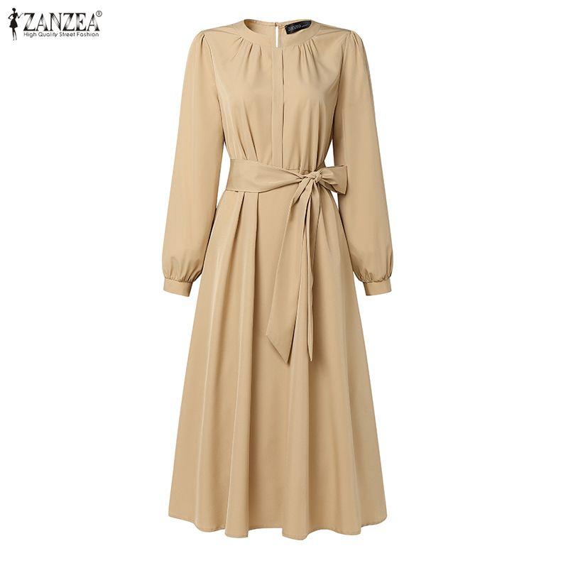 ZANZEA Damen Freizeitkleid mit Rundhalsausschnitt und langen Ärmeln, locker