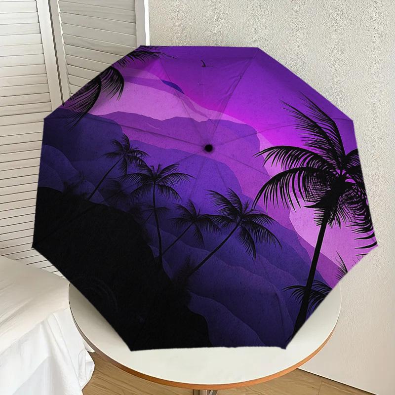 1PC Palm Trees Purple Landscape Pattern Small Travel Compact Windproof Umbrella, Automatic Folding Umbrella, Automatic Open/Close ,Gift-171