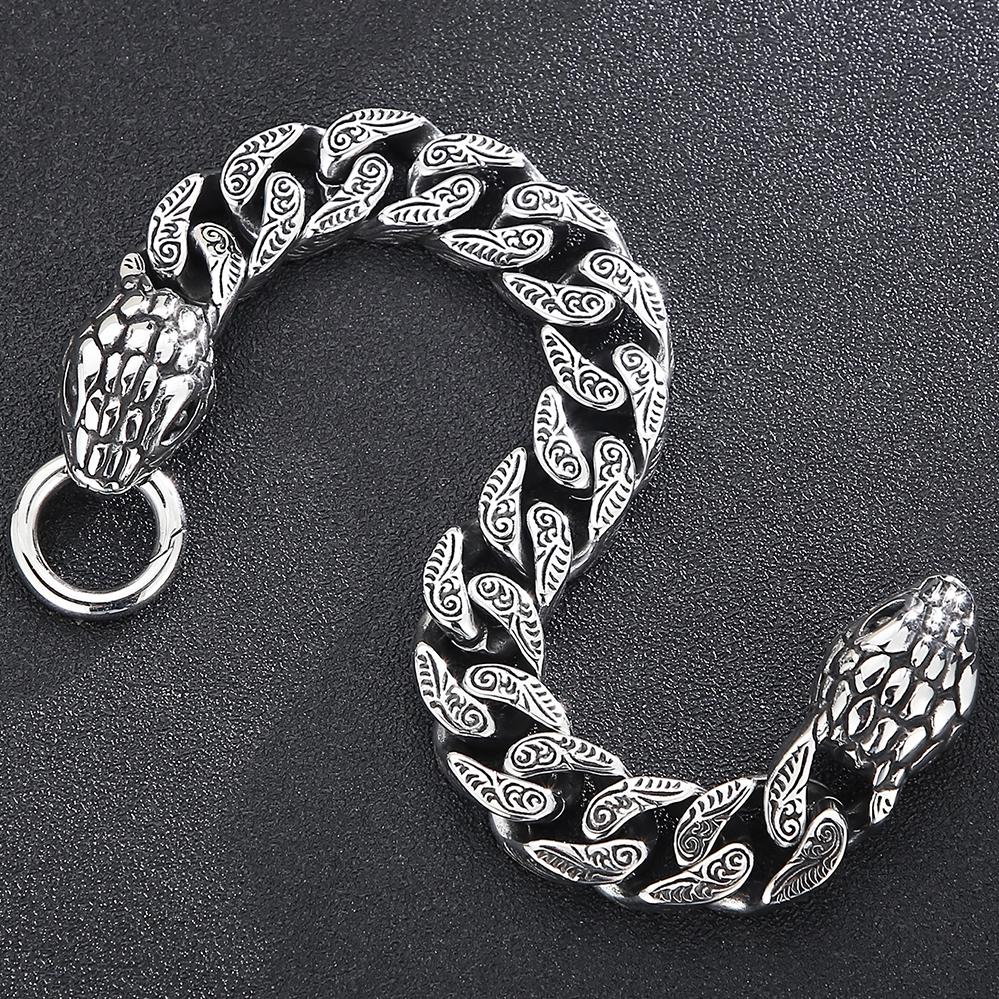 Cool Men's Snake Head Bracelet for Man Male Arm Rings Vintage 15MM Stainless Steel Curb Link Chain Bikers' Jewelry Accessory
