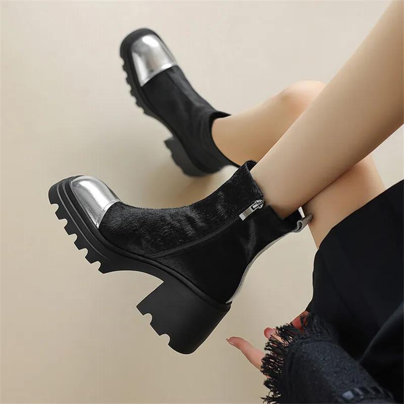 Fashion 2025 Autumn Leopard Horsehair Women Boots Square Toe Platform Boots for Women Fashion Short Boots Winter Boots Zapatos De Mujer