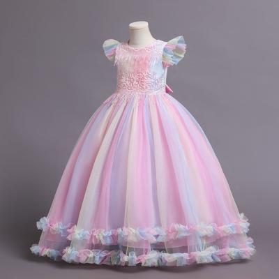 Neue Stil Fly Sleeve Bunte Blume Sommer Kleid Kostüm Kind Abend Langes Kleid Für Mädchen Kinder Party Hochzeit Prinzessin Klavier kleid