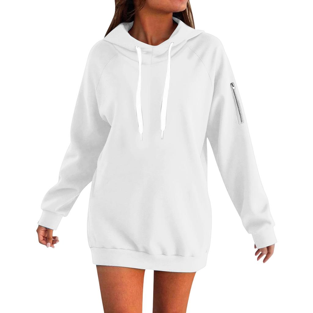 Women's Loose Long Sleeved Solid Color Hooded Sweatshirt With Velvet Drawstring