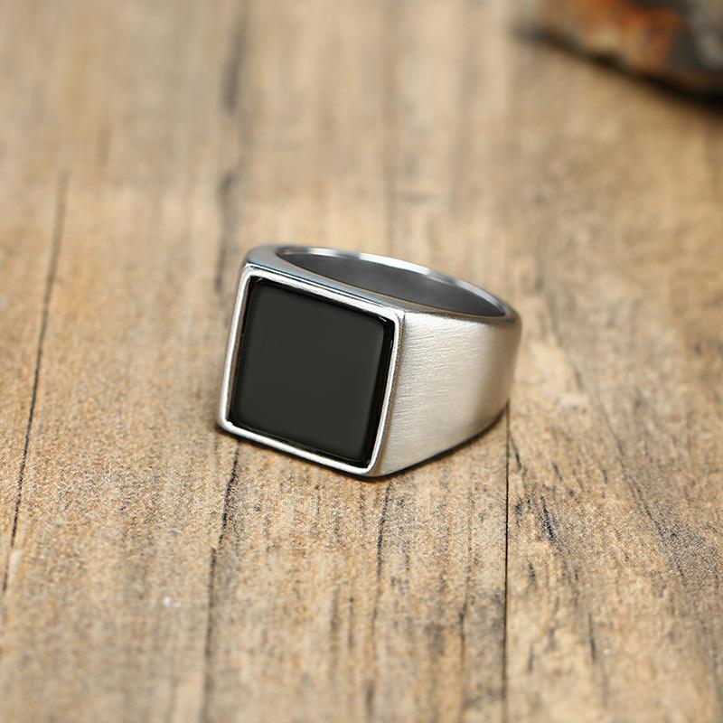 Ring for Men, Stainless Steel Square Signet Ring, Black Enamel Men's Pinky Rings,Gents Zircon