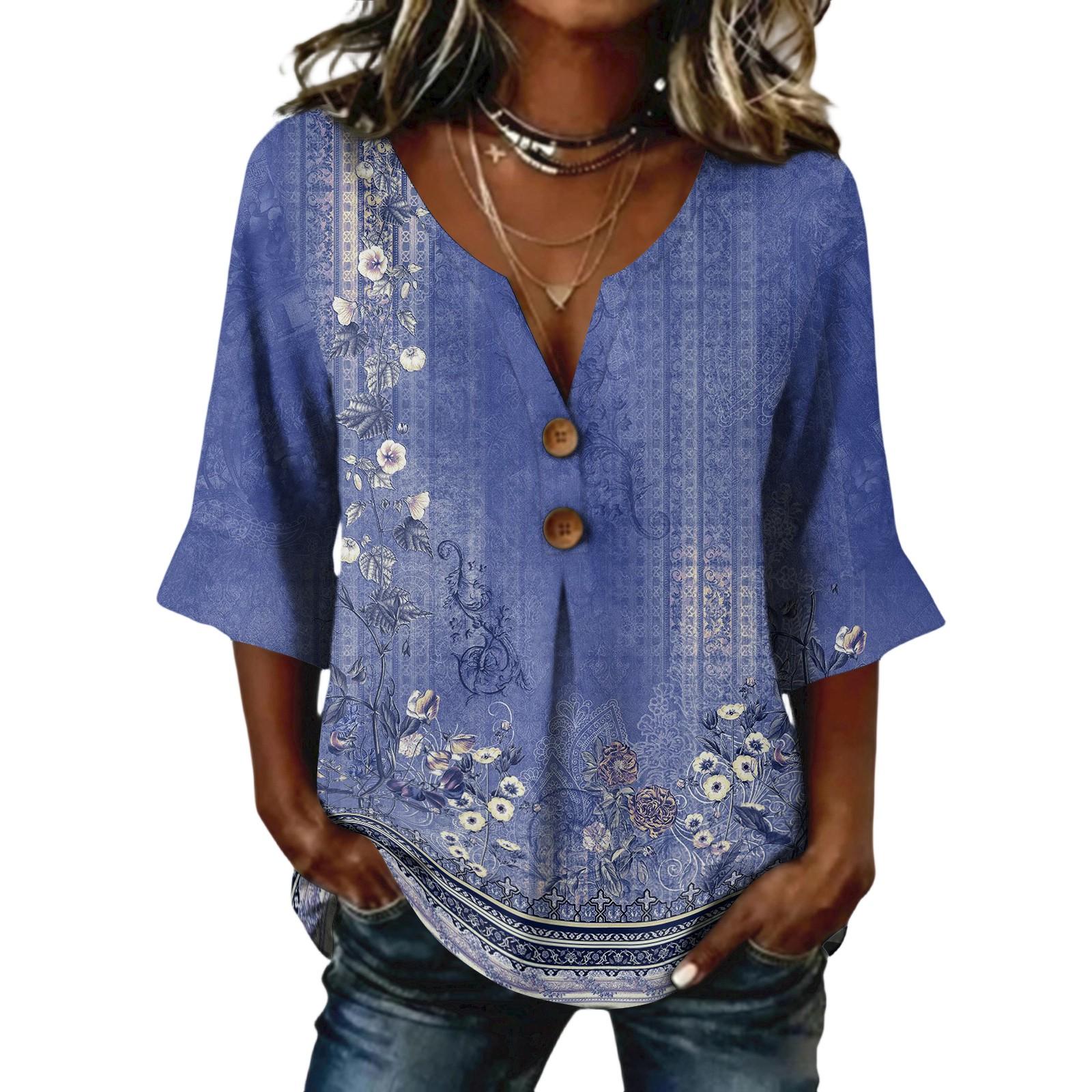 

Ladies floral print button casual V-neck fashionable seven quarter sleeve top XL фиолетовый