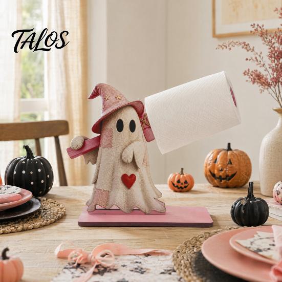 Halloween Paper Towel Holder Wooden Holder, Cute Patchwork Ghost Napkin Stand, Party Supplies Rustic Roll Dispenser for Kitchen Dining Table