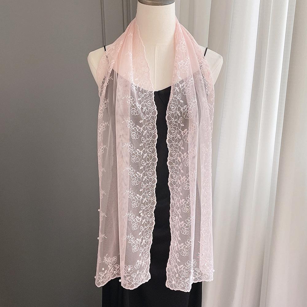 Elegant Embroidery Wide Version Lace Streamer Temperament Pearl Scarf Spring and Autumn Thin Shoulder Decorative Silk Women