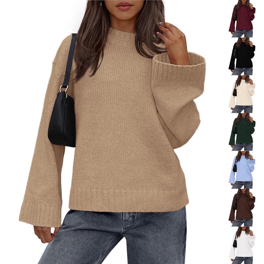 Womens Loose Round Neck Solid Color Bell Sleeve Long Sleeve Knitted Sweater Top