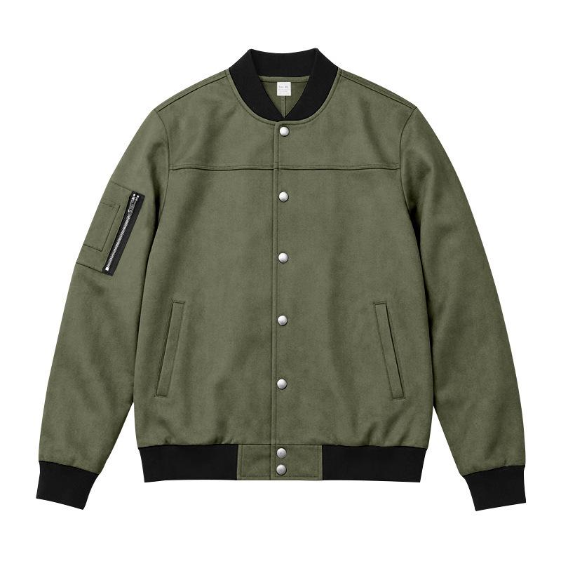 Men Faux‑Suede Bomber Jacket, Snap‑Button Front Contrast Ribbed Collar Cuffs Hem Zippered Sleeve Pocket Side Hand Pockets Casual Streetwear Outerwear
