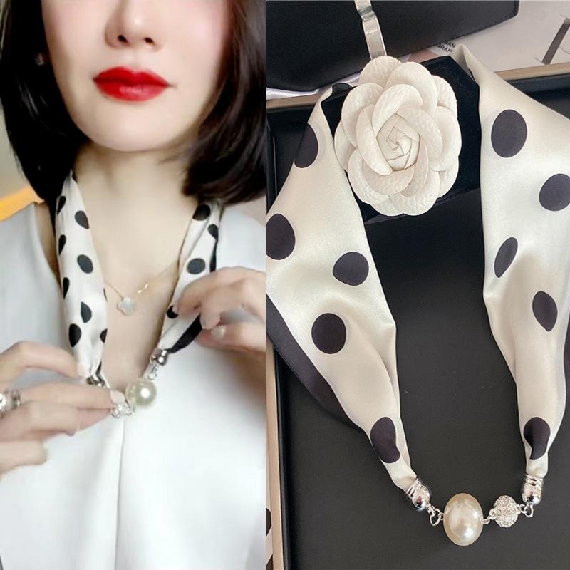Luxury Design Magnetic Button Summer Silk Scarf Women Magnetic Pearl Necklace Scarves High End Matching Shirt Scarf Lady