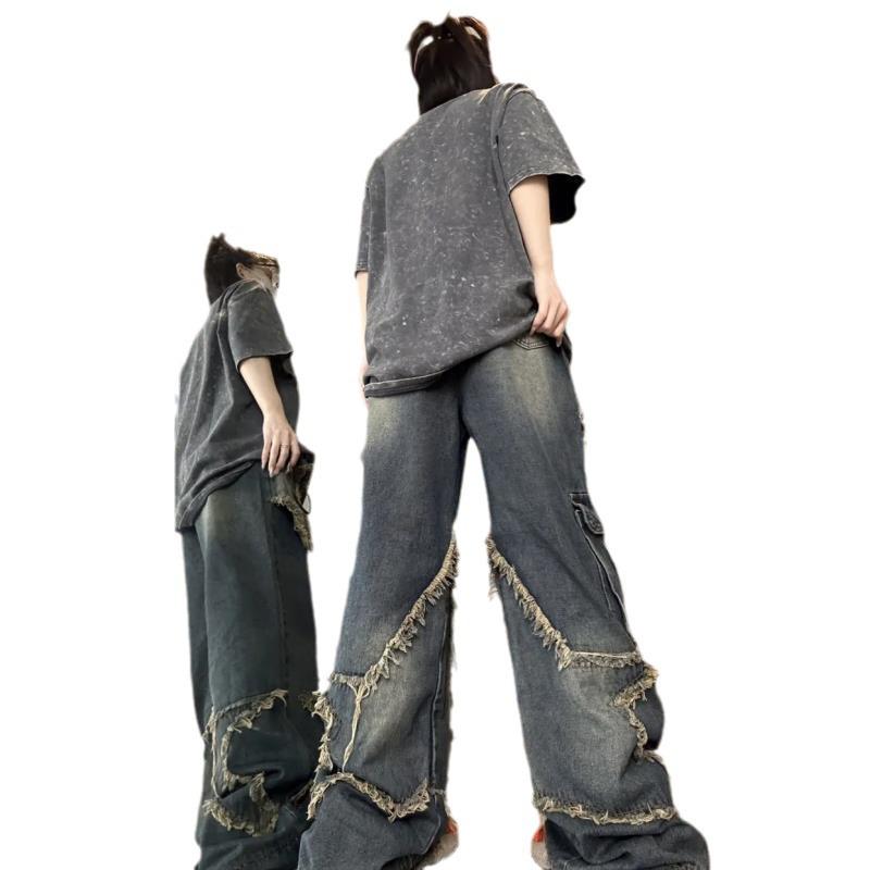 Unisex Retro Loose-Fit Raw Edge Wide-Leg Jeans for Autumn
