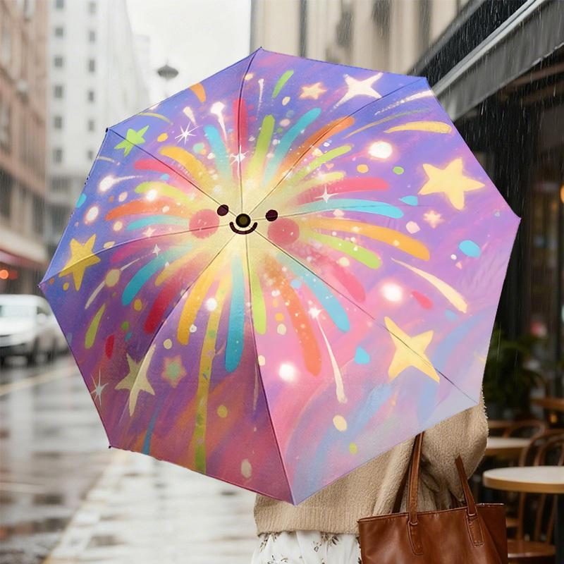 Rainbow Fireworks Happy Face Umbrella: Automatic Opening & Closing, Outdoor Protection, Lightweight Travel Accessory, Durable Gift for Any Occasion