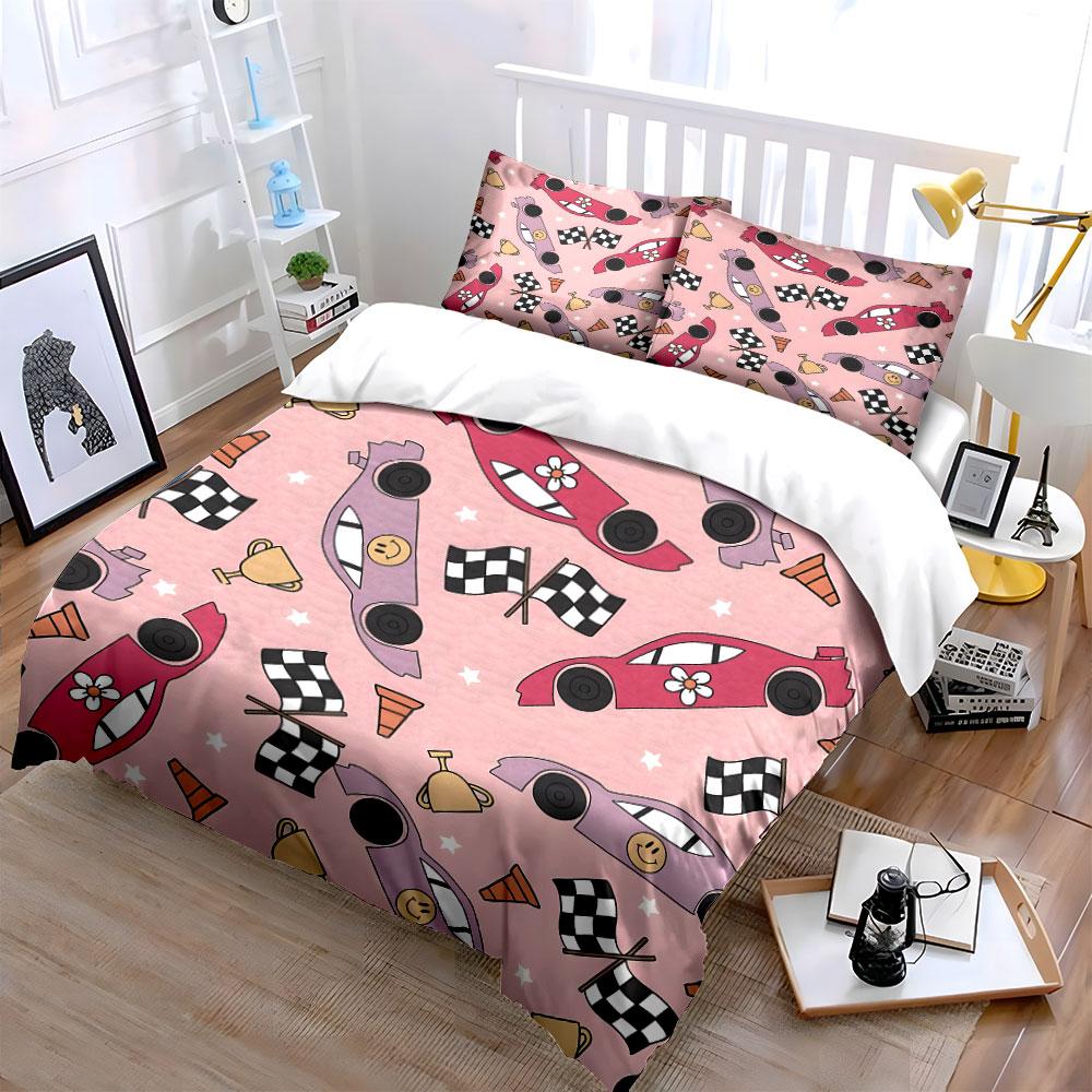 Fun Racing-Themed Car Pattern Duvet Cover Set With 3D Printing Design Soft Polyester Bedding Set All-Season Comfort For Gifts