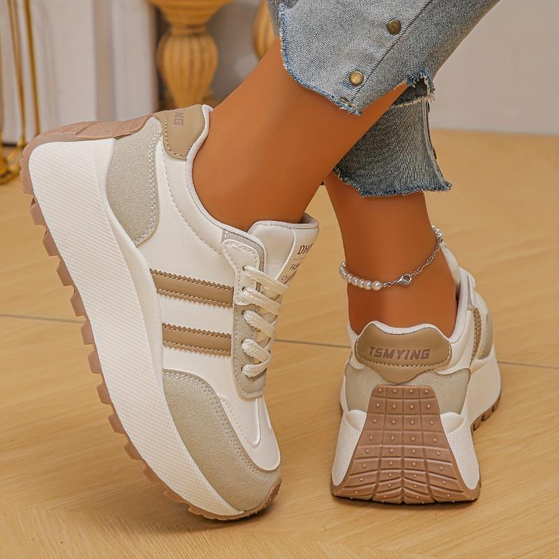 Women's Low-Top Sneakers - White & Beige Lace-Up Shoes, Synthetic Cover Upper, Cushioned Rubber Sole for Everyday & Formal Outfits - Fall Shoes