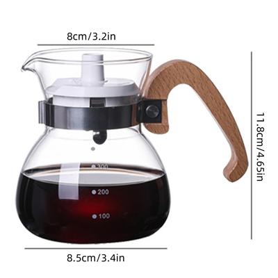 Hand-Drip-Glas-Kaffeekanne 300ML Holzgriff Kaffeekanne Glas-Kaffeemaschine Hohes Borosilikatglas Kaffeekanne