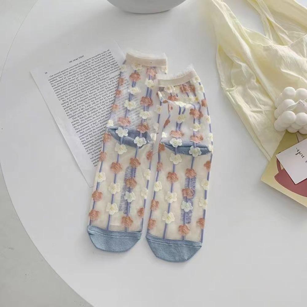 Sweet Floral Print Mid-calf Socks Ultra-Thin Crystal Silk Socks  Casual Wear