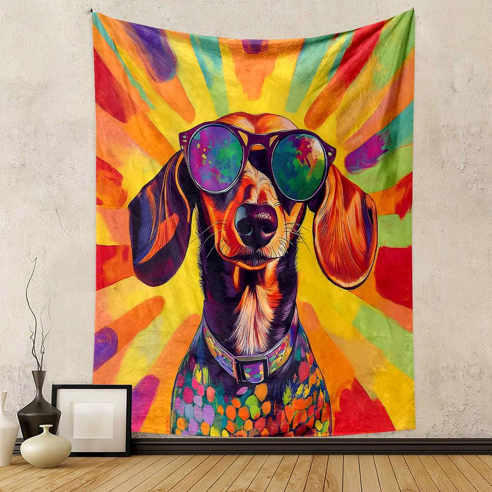 Colorful Dachshund with Sunglasses Patterned Tapestry Decorative Wall Hanging, Home Bedroom Living Room Decor