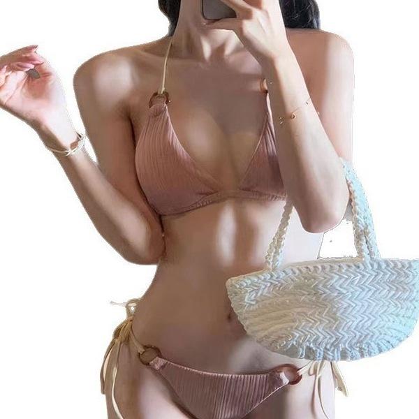 1011 new ins swimsuit women's split bikini two-piece set fairy fan sexy solid color lace-up swimsuit women