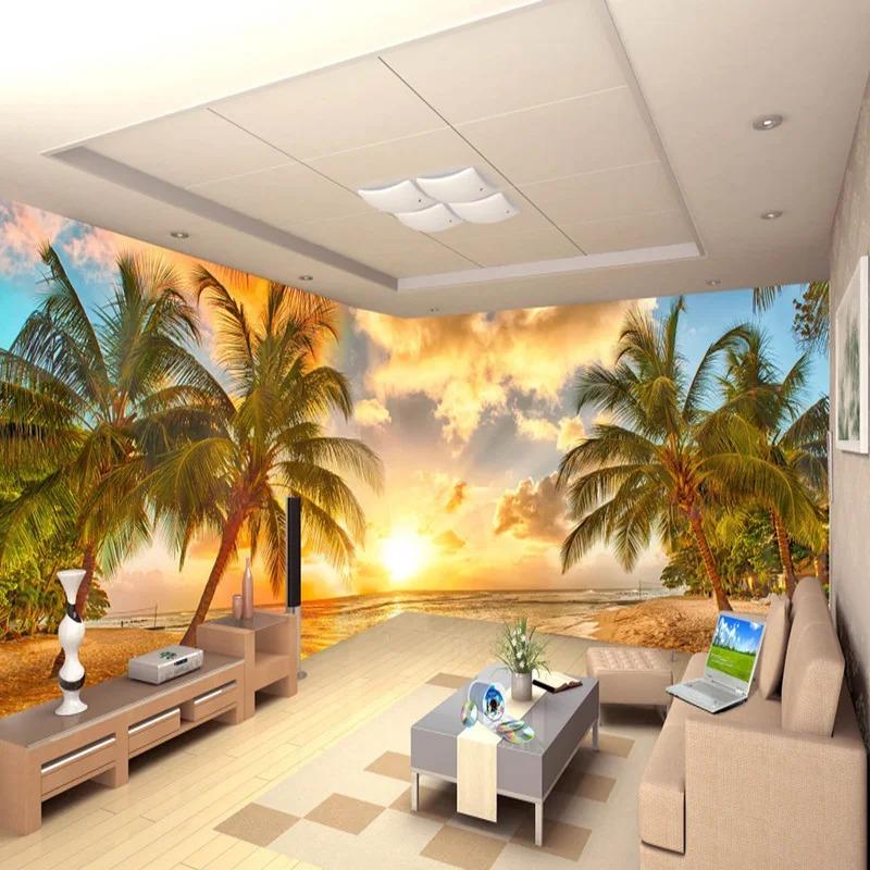 3d Nature Scenery Wallpaper For Walls Sunset Sea Coconut Beach Mural Living Room Sofa Bedroom Wall Papers