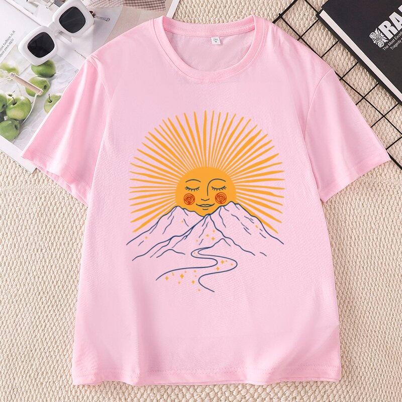 Boho Sun TShirt Comfortable Mountain Graphic Tee Casual Round Neck Celestial Nature Tee Boho Summer Hiking Tops Cotton Short