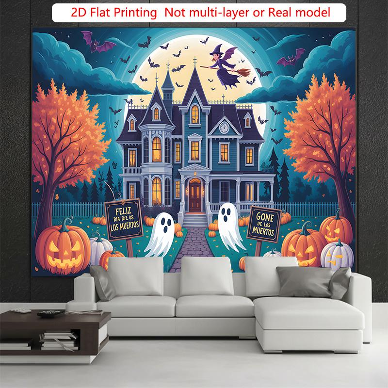 Party Backdrop Halloween Orange Moon Flat Haunted Mansion Pumpkins Ghosts Witches Celebration Photo Booth Party Decor