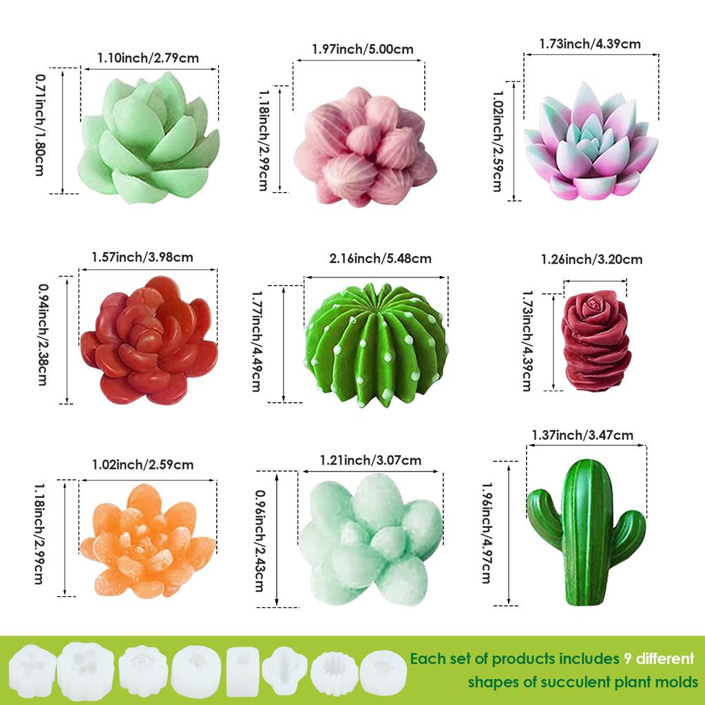 9Pcs Succulent Silicone Mold Safe Cactus Flower Resin Mold Silicone Candle Mold Durable 3D Succulent Resin Epoxy Casting Mold