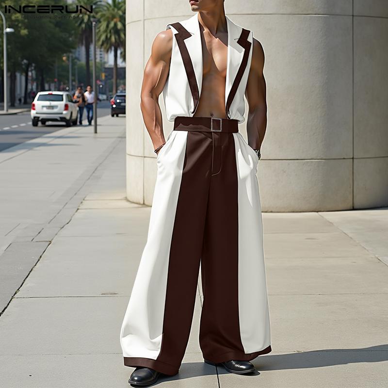 INCERUN 2PCS Men Sleeveless Patchwork Stitching Waistcoat and Long Pants Outfits Sets