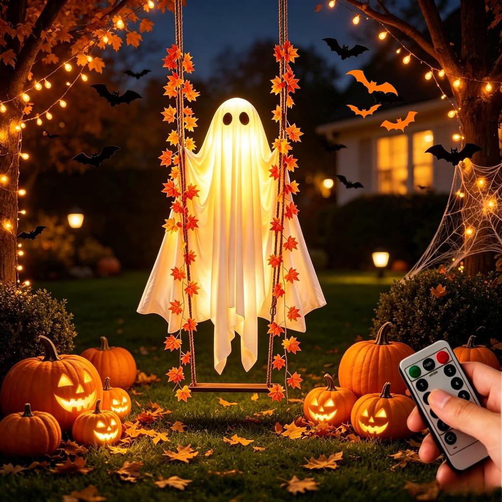 1.2M Hanging Swinging Ghost Halloween Decor Lighted Ghost Ornament 1pc