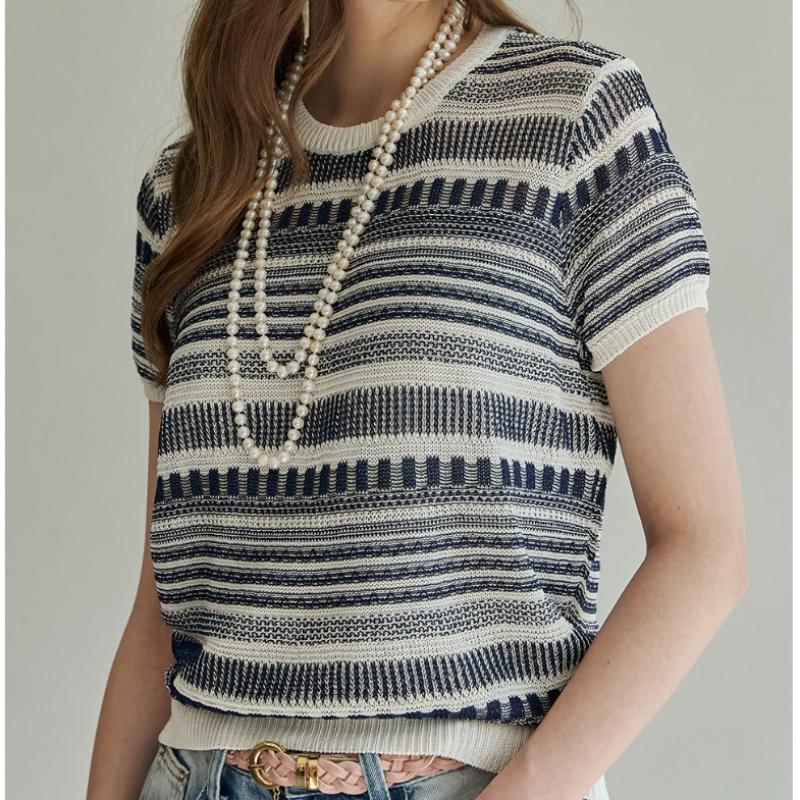 Maxza Mix Pattern Stripe Short Sleeve Knit
